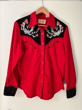 Scully Red and Black Western Button-Down Shirt with Embroidered Roses